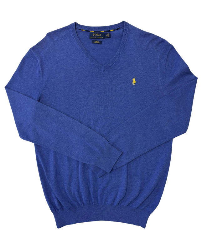 Ralph Lauren Slim Fit Blue Pima Cotton V-Neck Sweater