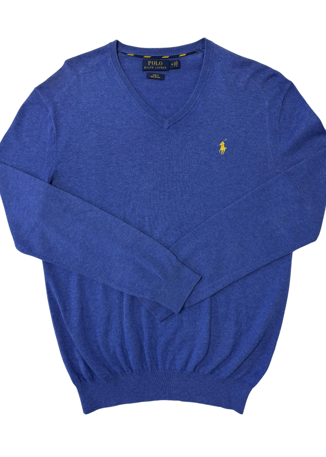 Ralph Lauren Slim Fit Blue Pima Cotton V-Neck Sweater