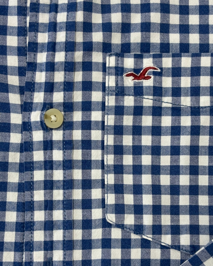 Hollister Gingham Check Navy Blue & White Stretch Long Sleeve Shirt