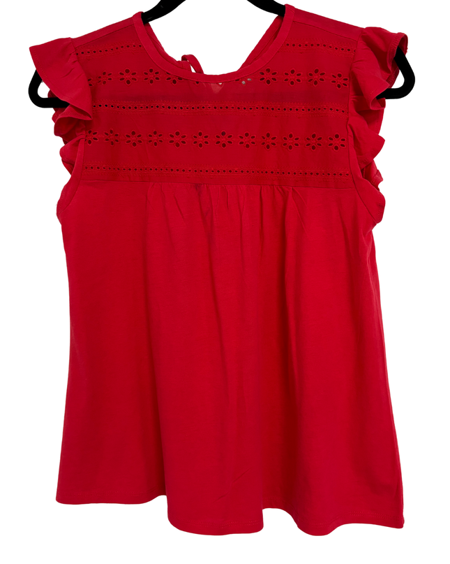 LOFT Outlet Cherry Red Eyelet Yoke Ruffle Sleeve Blouse