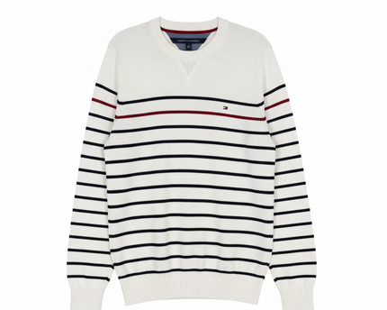Tommy Hilfiger White Striped Crewneck Knit Sweater