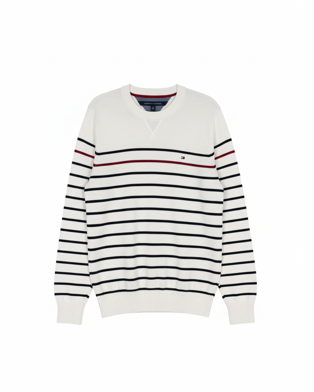 Tommy Hilfiger White Striped Crewneck Knit Sweater