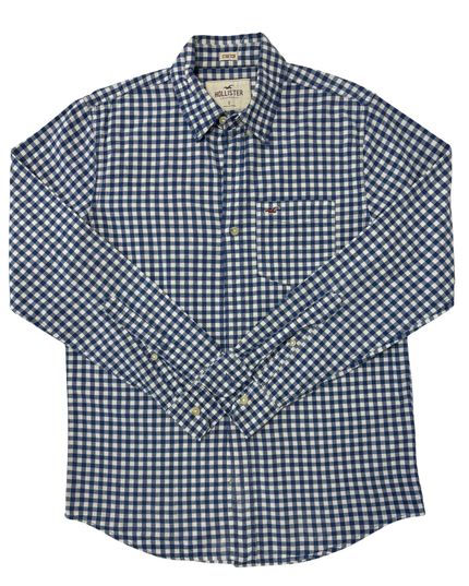 Hollister Gingham Check Navy Blue & White Stretch Long Sleeve Shirt