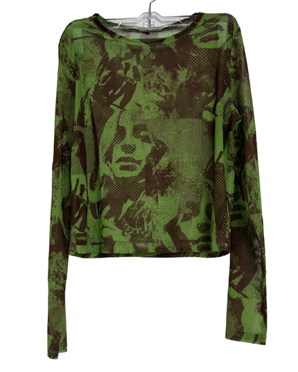 Green & Brown Y2K Sheer Abstract Faces Mesh Long Sleeve Top - S