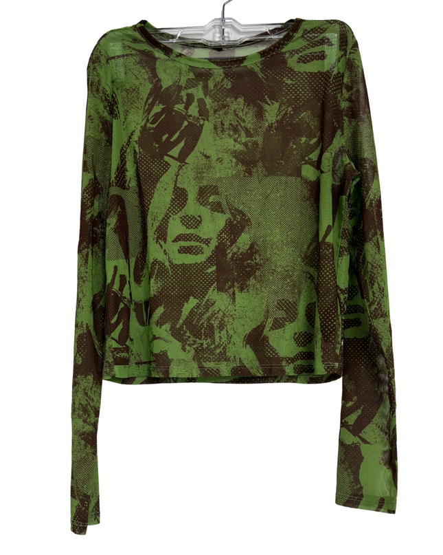 Green & Brown Y2K Sheer Abstract Faces Mesh Long Sleeve Top - S
