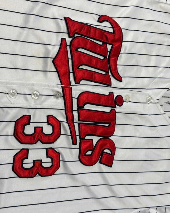 Majestic White Minnesota Twins Justin Morneau #33 Pinstripe Baseball Jersey