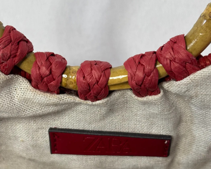 ZARA Red Woven Basket Bag with Bamboo Handles