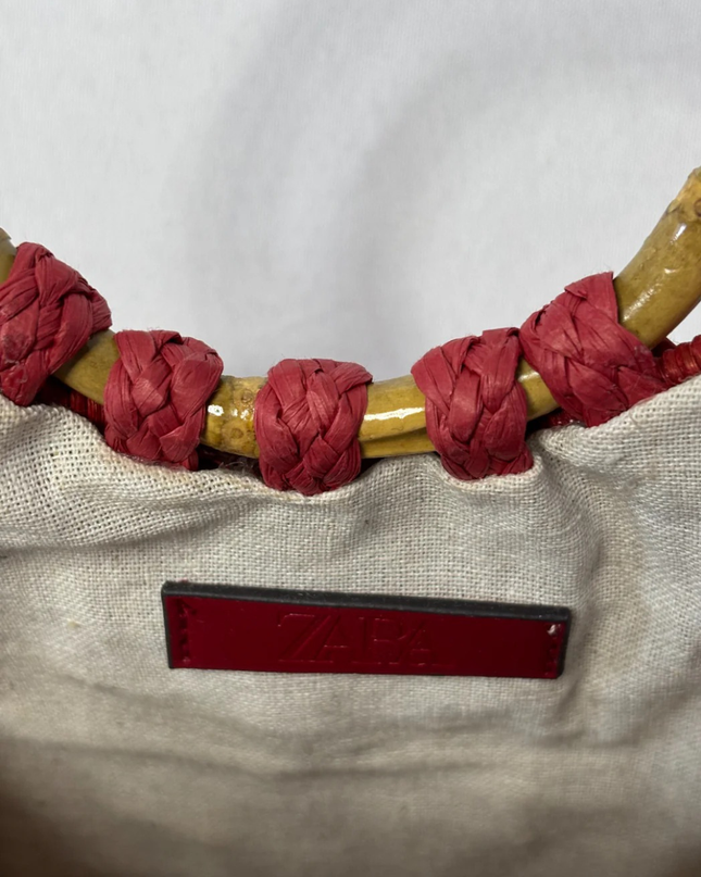 ZARA Red Woven Basket Bag with Bamboo Handles