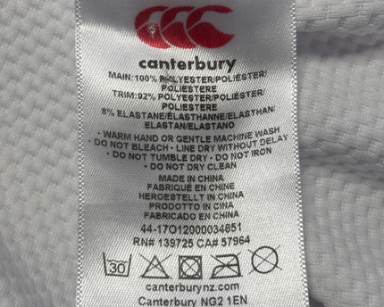 Canterbury White England Rugby V-Neck Performance Jersey