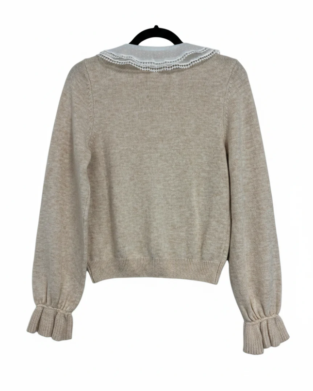 ONLY Beige Knit Cardigan with Delicate Lace Collar