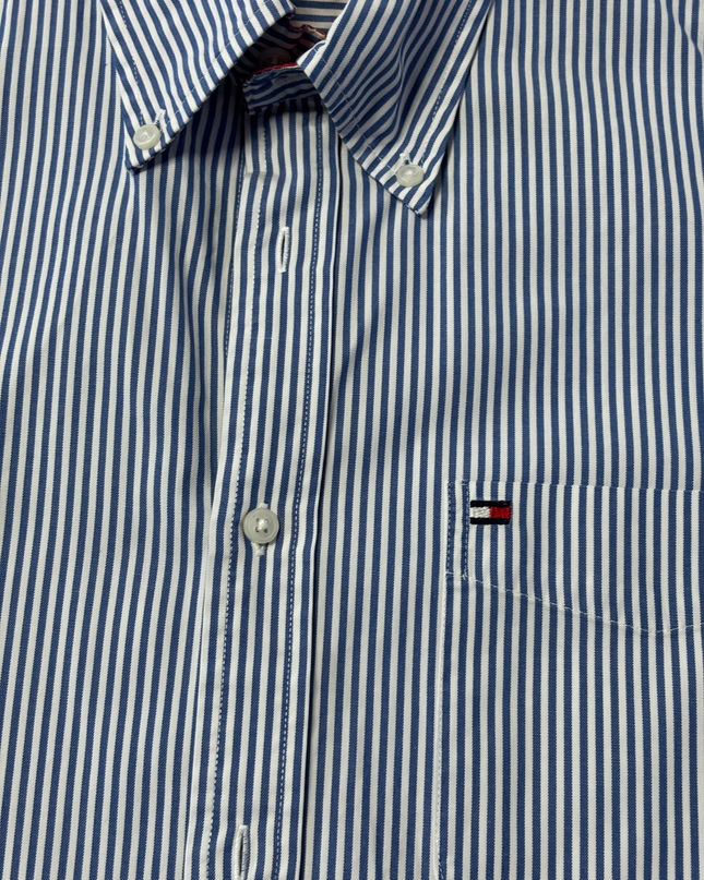 Tommy Hilfiger Men's Blue/White Striped Short Sleeve Button Down Shirt
