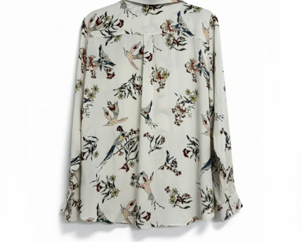 H&M Off-White Bird and Floral Print Long Sleeve Blouse