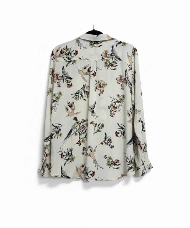H&M Off-White Bird and Floral Print Long Sleeve Blouse