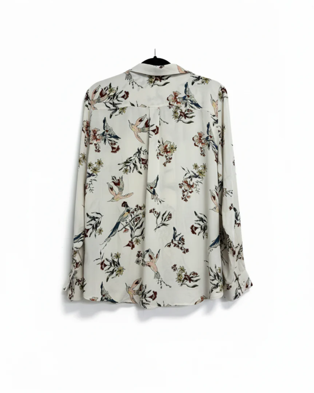 H&M Off-White Bird and Floral Print Long Sleeve Blouse