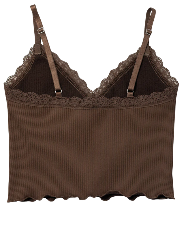 H&M Brown Ribbed Lace Trim Cami Crop Top