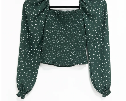 Abercrombie & Fitch Green Polka Dot Square Neck Smocked Blouse