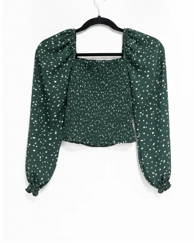 Abercrombie & Fitch Green Polka Dot Square Neck Smocked Blouse
