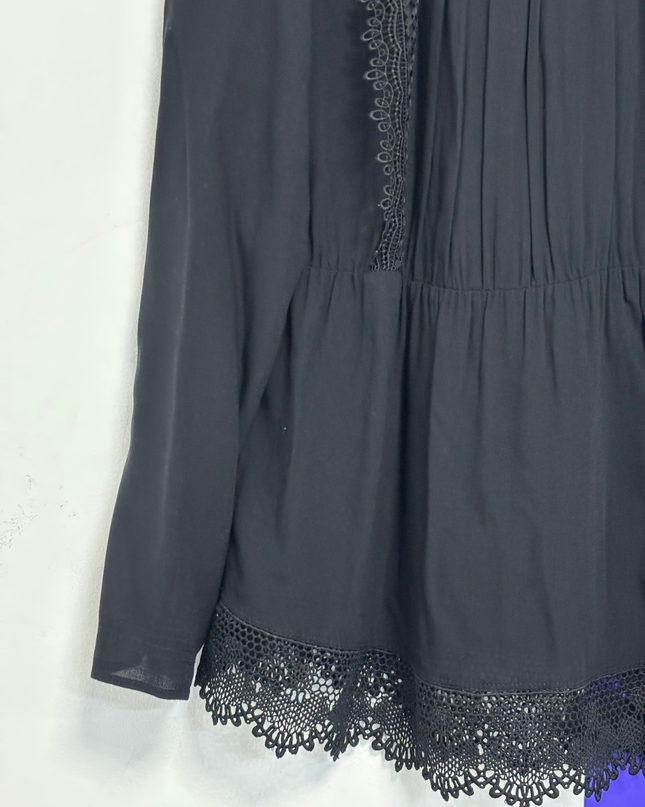 Mango Black Lace Trim Pleated Blouse