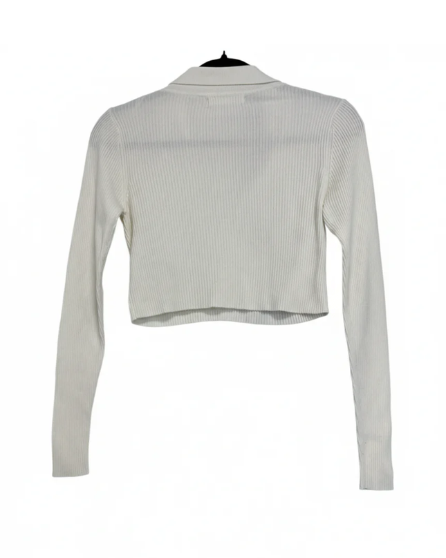 PULL&BEAR White Ribbed Knit Long Sleeve Crop Top
