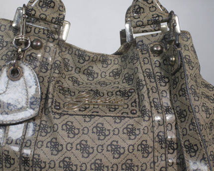 Guess Brown Monogram Patent Satchel Bag