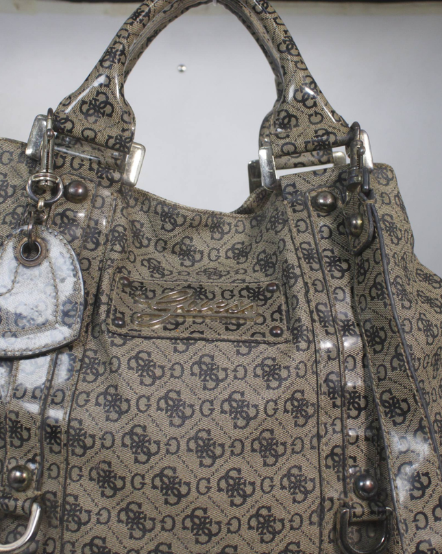 Guess Brown Monogram Patent Satchel Bag