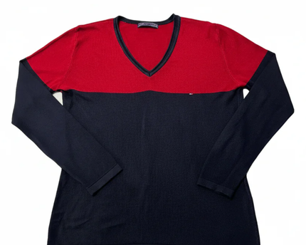 Tommy Hilfiger Red & Navy Blue Colorblock V-Neck Sweater