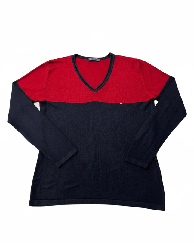 Tommy Hilfiger Red & Navy Blue Colorblock V-Neck Sweater