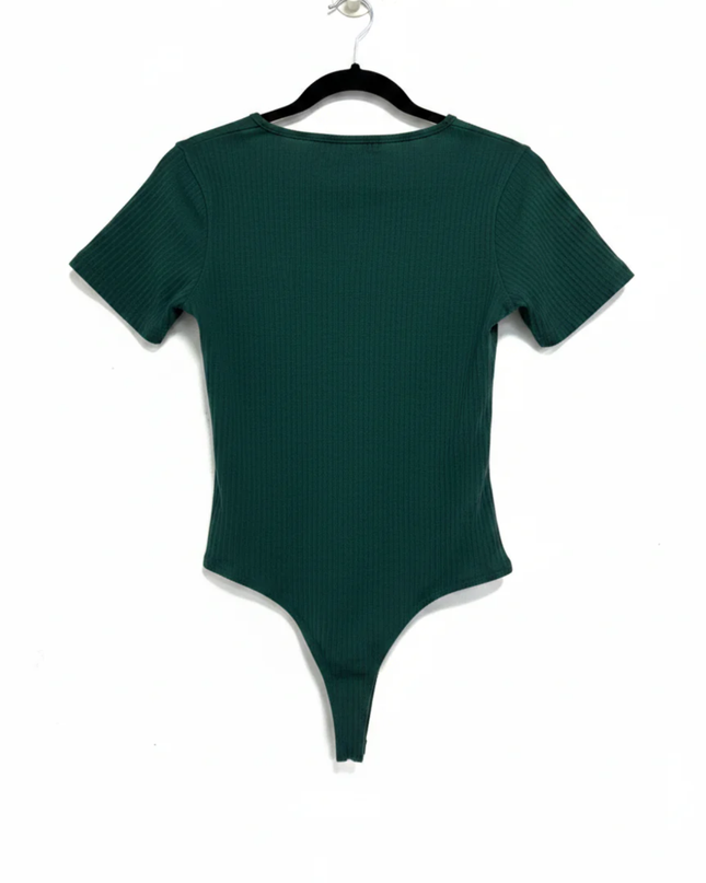 Missguided Dark Green Ribbed V-Neck Short Sleeve Bodysuit