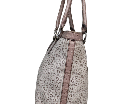 Guess Brown Logo Print Ostrich Trim Tote Bag
