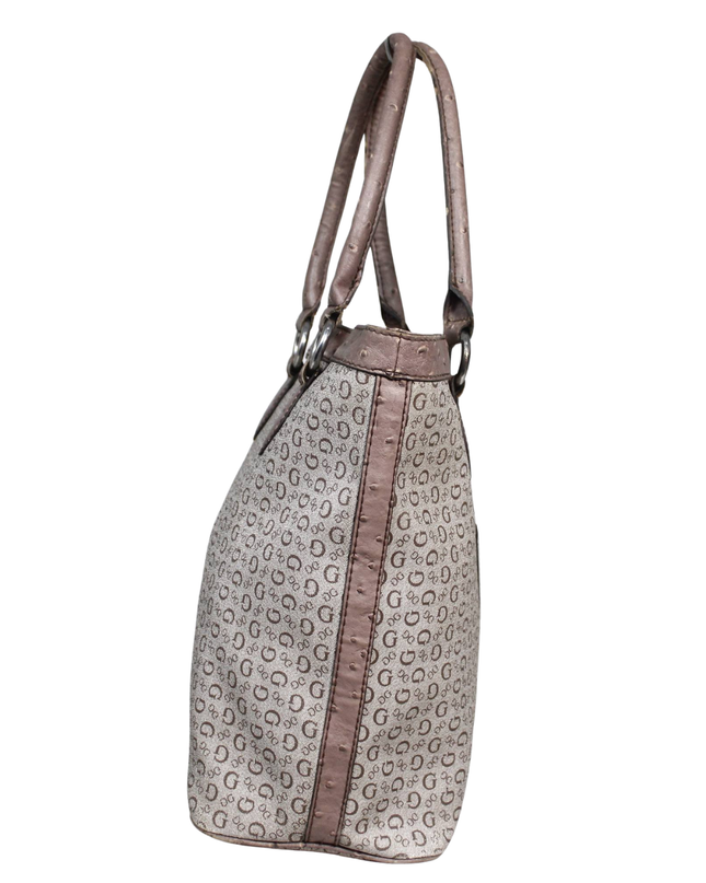 Guess Brown Logo Print Ostrich Trim Tote Bag
