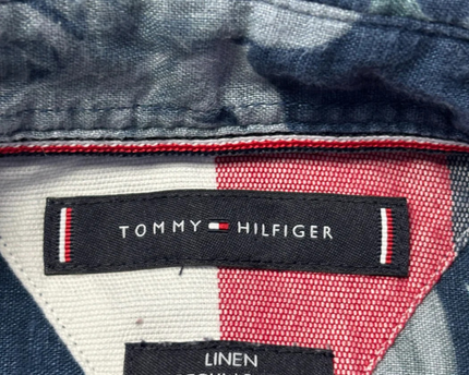 Tommy Hilfiger Blue Tropical Floral Print Linen Short Sleeve Shirt