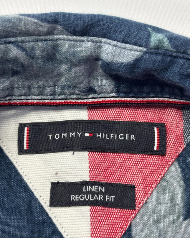 Tommy Hilfiger Blue Tropical Floral Print Linen Short Sleeve Shirt
