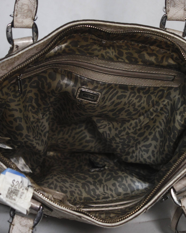 Guess Beige Logo Print Double Handle Satchel Bag