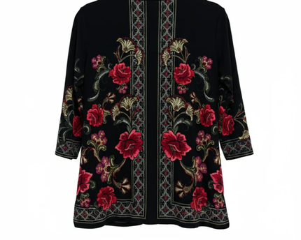 JM Collection Black Floral Embroidered Tassel Tunic Top