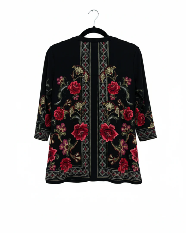 JM Collection Black Floral Embroidered Tassel Tunic Top