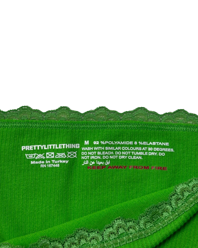 PrettyLittleThing Bright Green Ribbed Lace Trim Shorts W/Tags