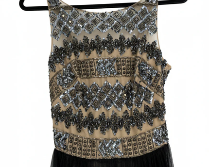 Mikael Aghal Black Beaded Tulle Evening Gown