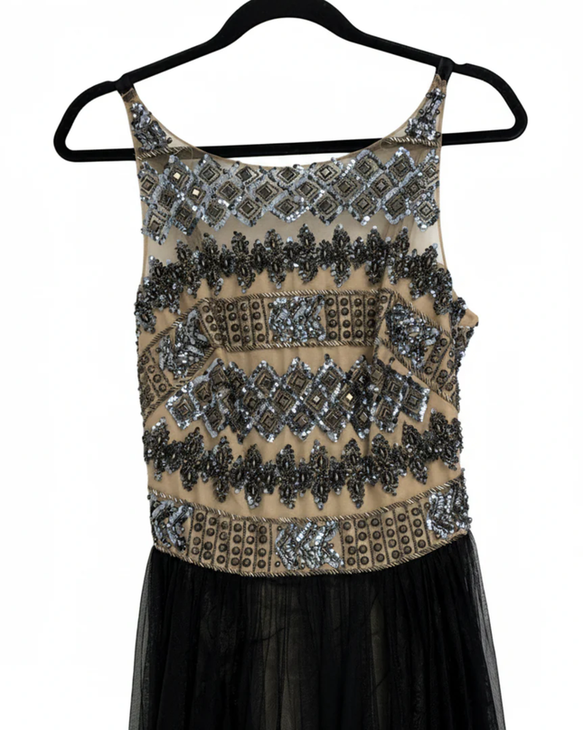 Mikael Aghal Black Beaded Tulle Evening Gown