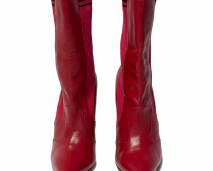 Fendi Red Leather and Ribbed Knit Pointed Toe Sock Boots