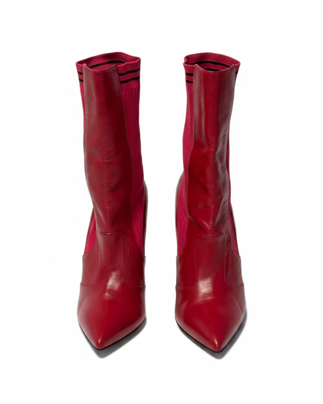 Fendi Red Leather and Ribbed Knit Pointed Toe Sock Boots