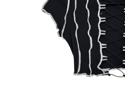 H&M Divided Black Lace-Up Lettuce Edge Ribbed Crop Top