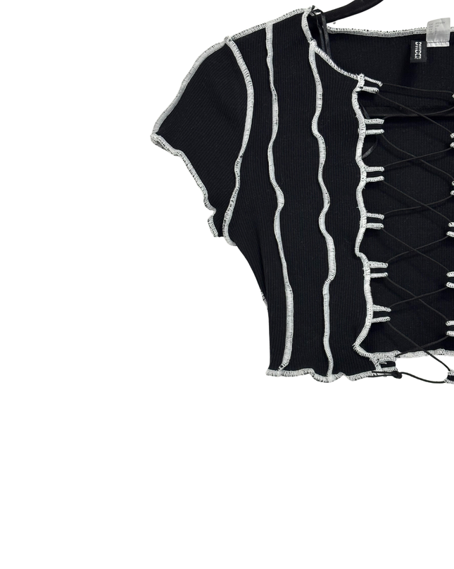H&M Divided Black Lace-Up Lettuce Edge Ribbed Crop Top