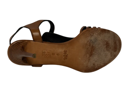 Coach Brown Izzy Leather Woven T-Strap Stiletto Sandals