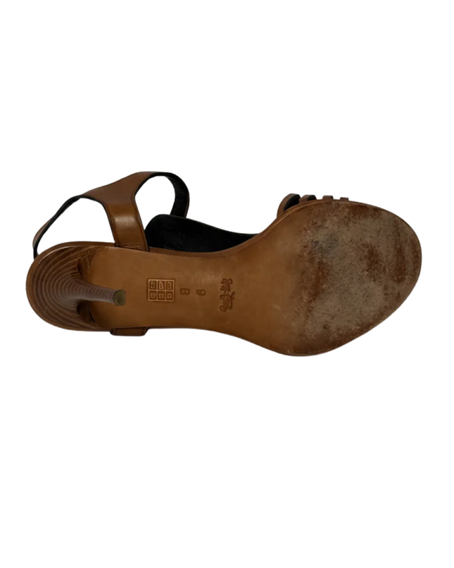 Coach Brown Izzy Leather Woven T-Strap Stiletto Sandals