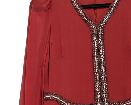 French Connection Red Silk Beaded V-Neck Mini Dress