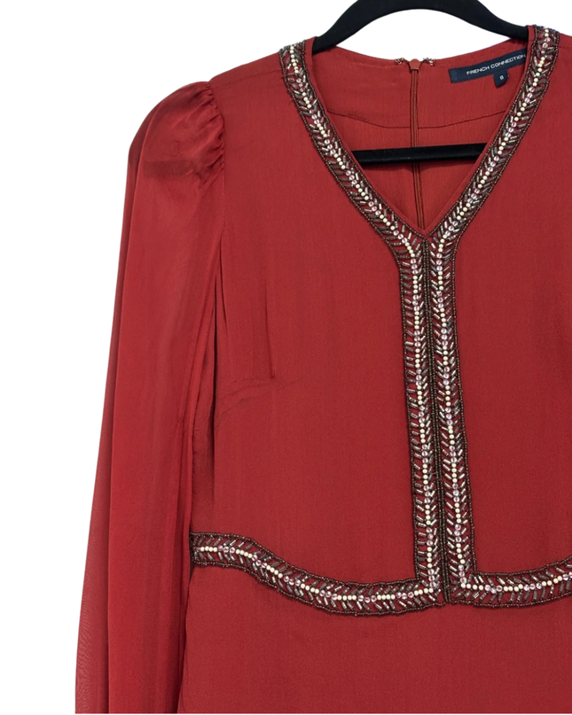 French Connection Red Silk Beaded V-Neck Mini Dress
