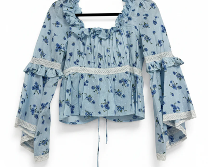 ASOS DESIGN Blue Floral Flare Sleeve Lace Trim Blouse