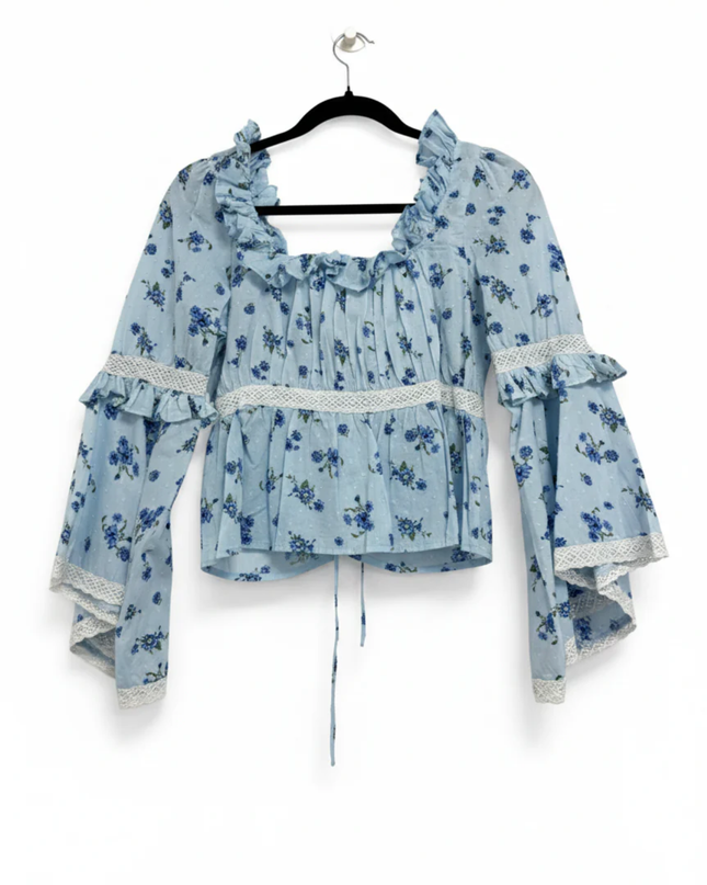 ASOS DESIGN Blue Floral Flare Sleeve Lace Trim Blouse