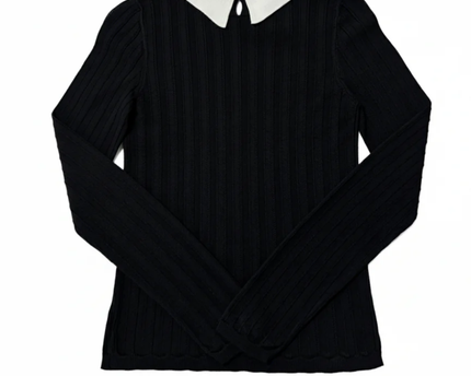 Sandro Black Ribbed Knit Sweater with White Contrast Collar