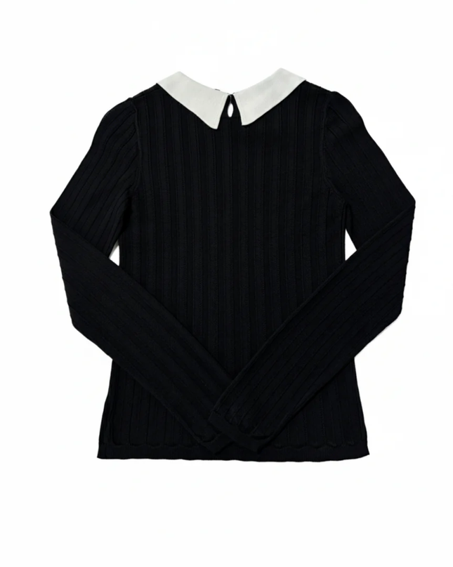 Sandro Black Ribbed Knit Sweater with White Contrast Collar